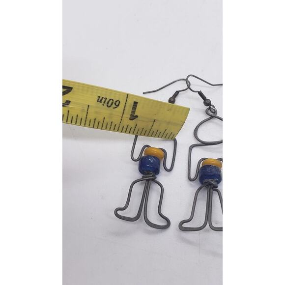 Vintage Earrings Wire Figural Man Person Handmade 1970s Person Boho Glass Beads - Picture 7 of 8